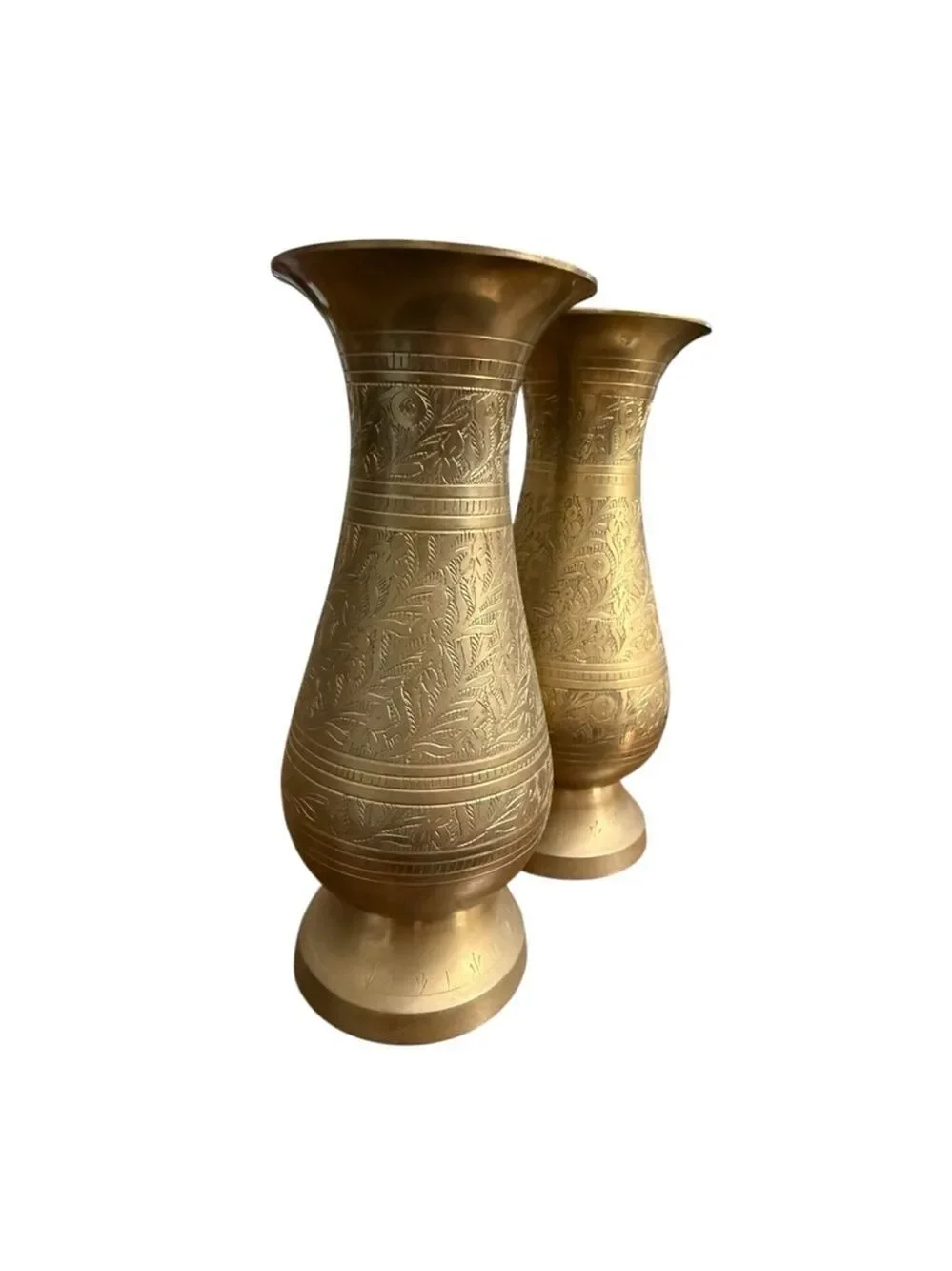 Vintage‎ hand engraved brass bud vase pair floral etched 7 inch décor